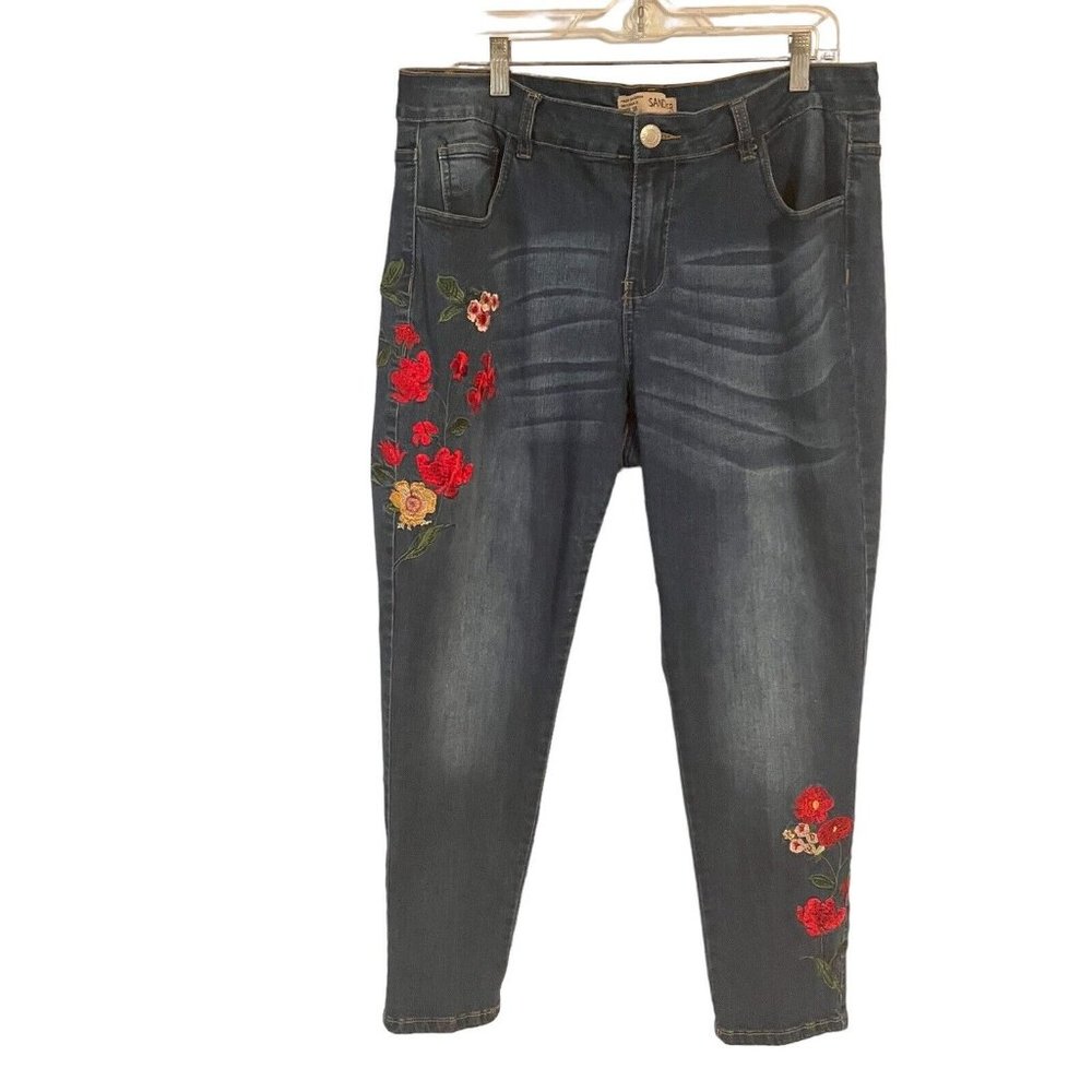 Sandpiper Denim Floral  High Rise Distressed Crop Jeans Women Size 18 Blue Red